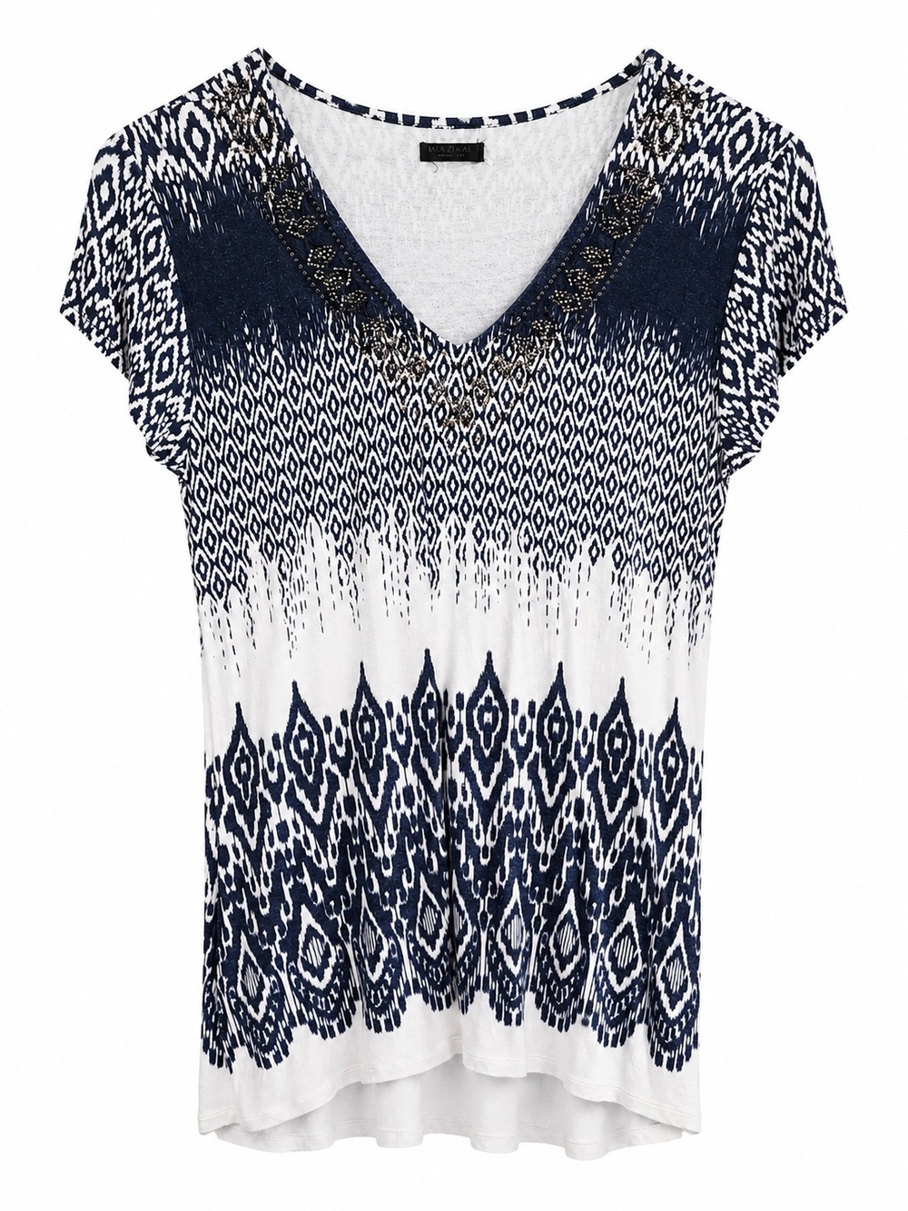 MAX Jeans Women’s Small Navy White Boho Tunic Top Embellished V-Neck